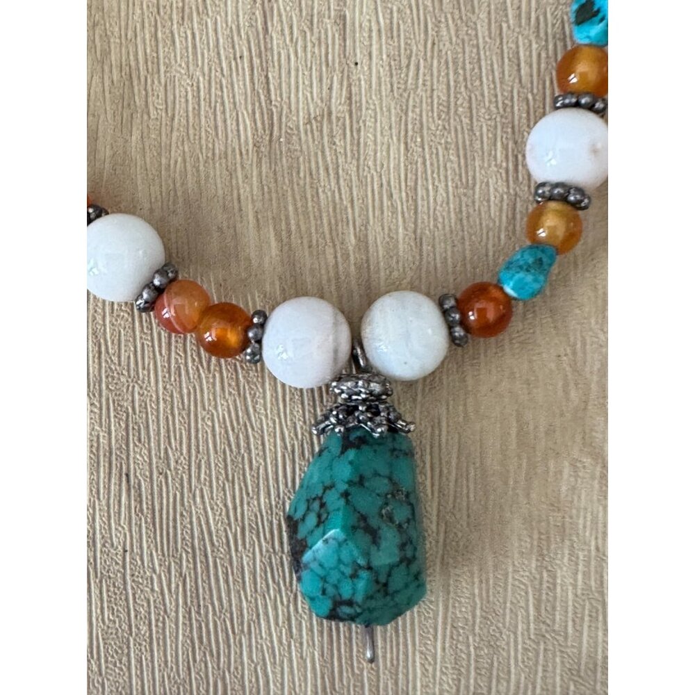 Vintage Tiger Eye Beaded Necklace Turquoise Pendant 32 Inches Stone Metal - Picture 11 of 11